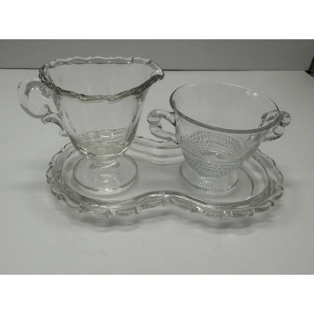 Vintage Clear Pressed Glass Creamer and Sugar Bowl Set with Scalloped Tray 3pc